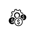 Graphic of cogwheel and coins with dollar signs.